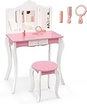 HONEY JOY Kids Vanity Table and Chair Set, 2-in-1 Kids Pretend Play Makeup Dressing Table Set with Tri-Folding Mirror, Detachable Top, Stool, Wooden Kids Vanity Table & Stool Set for Bedroom