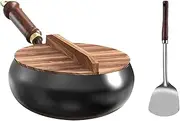 Cast Iron Wok with Wooden Lid and Handle,Uncoated Iron Pan,Non Stick Big Belly Frying Pan for Induction & Electric Hobs,Hand Forged Chinese Cookware
