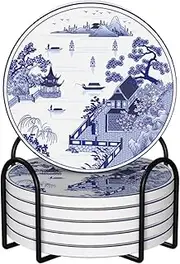 keluki 6 Pcs Ceramic Coasters with Holder Absorbent Drink Round China Blue and White Porcelain Royal Collection Design for Home Table Coffee Cup Wine Beer Bar,Size 4 inches