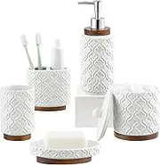 RQYIXI Bathroom Accessories Set 5 Pieces Toothbrush Holder Soap Dispenser Ceramic Bathroom Accessory Set Contain Cotton Swab Jar Toothbrush Cup Soap Dish Tumbler