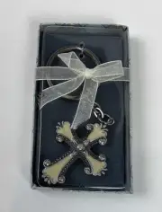 Resin Cross Key Chain Ivory Enamel & Clear Rhinestones 1.5" on Key Ring NEW