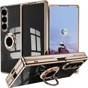 [BORYA] Ultra Thin Case for Samsung Galaxy Z Fold6 (Fold 6), Shockproof Mobile Phone Case, TPU Bumper Soft Silicone Protective Case with Electroplating Gold Edge, 360° Ring Stand, Black