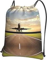 EdWal Airplane Print Drawstring Backpack Gym Bags Sports Bags With Zipper Pocket For Travel Beach, Black, One Size