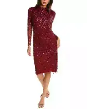 $495 Aidan Mattox Womens Red High-Neck Long-Sleeve Beaded Cocktail Dress Size 10