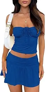 [Goafuliy] 2 Piece Skirt Outfits for Women Y2k Summer Bandeau Going Out Crop Tops and Low Wasit Mini Skorts Sets