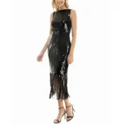 New NICOLE MILLER SCARLETT SEQUIN FRINGED SHEATH BLACK COCKTAIL DRESS 10