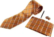 [Zasel] Mens Orange & White Checkered Matching Neck Tie, Pocket Square, Cuff Links And Tie Clip Set Orange, White, Brown