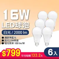 在飛比找momo購物網優惠-【朝日光電】LED E27 16W球泡-6入(LED燈泡)