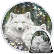 Wildlife Painting White Wolves and Flowers Round Beach Towel