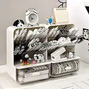 Desk Organizers and Accessories for women, 6 compartment inclined pen holder with 1 drawer, desk divider shelf, Makeup Tool Storage Box，Pen Holder Desk Organizer，white and cream yellow, 2 pcs