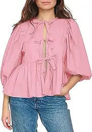 [AKLOPVII] Women Tie Front Tops Puff Sleeve Babydoll Shirts Y2K Cute Ruffle Peplum Going Out Top Blouse Trendy Clothes