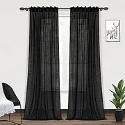 PANGSINNE Black Linen Curtains 96 Inches Long 2 Panels - Back Tab Semi Sheer Light Flitering Curtains for Living Room, Flax 8 FT Fabric Soft Drape for Patio Sliding Door Office Bedroom W52 x L96