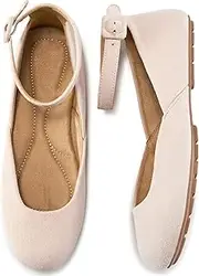 [Harence] Flats for Women Dress Shoes: Comfortable Ankle Strap Shoe Casual Round Toe Ballet Flats for Daily Work Office Party, Beige Suede, 8.5