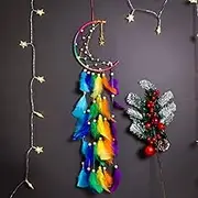 MOREBEST Dream Catcher Handmade Moon Design with Feathers Dreamcatcher Wall Hanging Home Decoration Ornament Christmas Festival Craft for Bedroom Living Room Outdoor(Colourful Moon)