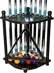 GACCO BILLIARDS Floor Pool Cue Rack Hold 8 Cue Sticks & Billiard Accessories. Corner Stand Pool Cue Holder Made of 100% Solid Hardwood. Provided Ball Rack Hook. CUE RACK ONLY (Black)