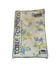 Vintage NEW Decro Vinyl Flannel Back Tablecloth 52" x 90" Yellow blue roses