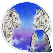 Wild Animal Art White Tigers at Winter Night Round Beach Towel