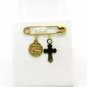 Diamond Cut Charm & Cross 14K Yellow Gold Handmade Safety Pin Brooch NIB # C68