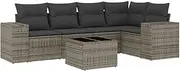 [vidaXL] Modular Garden Sofa Set - 6-Piece Grey Patio Furniture - Poly Rattan Lounger with Cushions & Glass Table for Outdoor Deck