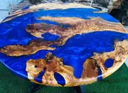 Solid Blue Epoxy Round Coffee Table Tops, Hanmdade Furniture, Epoxy Resin Decors