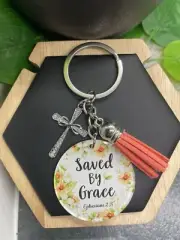 3.5” Scripture Pendant Purse Rhinestone Cross Charm Keychain Saved Grace B3618