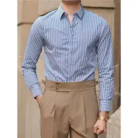 在飛比找ETMall東森購物網優惠-紳士藍色條紋休閑商務長袖襯衫