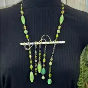 Adorned Crown Artisan Assemblage cloisonné bar green bead drop necklace