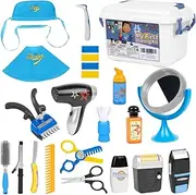 Gifts2U My First Shaving Kit for Boys, 22 Pcs Kids Barber Set Toy Pretend Play Hair Salon Playset with Shaver, Blow Dryer, Scissors, Razors & Styling Accessories for Kids Ages 3 Years and up