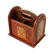 Remote Control Stand Hand Carved Wooden Holder Organiser TV Caddy 3 Compartments