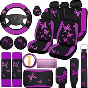BBTO 43 Pcs Butterfly Car Seat Full Set Butterfly Car Accessories for Women 5 Front Rear Seat Covers Wrist Strap 2 Pcs Cup Mat Armrest Pad 2 Belt Cover Accessories for SUV(Purple, Black)