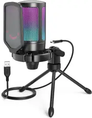 Gaming USB Microphone for PC PS5, Quick Mute, RGB, Tripod, Pop Filter, Shock Mount, Gain Control