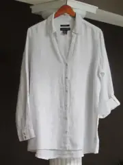 TAHARI White Blue Pin Striped 100% Linen Button Down Shirt Tunic Top Size S NWT