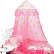 Bed Canopy for Girls with Glow in The Dark Stars Moons, Princess Canopy Dome Mosquito Net Birthday Gifts for Kids Bedroom Decor Pink