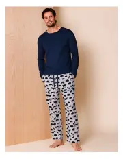 [Reserve] Long Sleeve Tee and Flannelette Pant PJ Set Winter Animals in Navy/Grey
