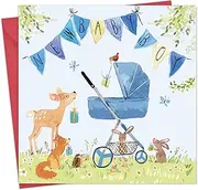Twizler New Baby Boy Card with Blue Pram, Bunting and Woodland Animals - New Baby Card Boy - Cute Newborn Essential Gifts - Congratulations