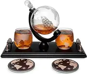 Krown Kitchen - Globe Decanter Set. Includes Wood Base, 2 Glasses, 2 Coasters, Shot Glass, and Funnel. This Whiskey Decanter and Glass Set has 850ml Capacity 2222-GlobeDecanters