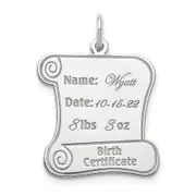 Sterling Silver Rhodium-Plated Personalizable Birth Certificate Charm