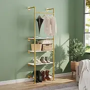 [unho] Industrial Pipe Clothing Rack: Wall Mounted Clothes Rack with 3 Tier White Shelves Gold Garment Rack for Walk-in Wardrobe Retail Display