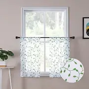 Leaves Short Sheer Tier Curtains Green Leaf Embroidery Kitchen Half Curtain