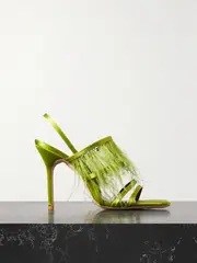 [STAUD] STAUD - Anise Feather-trimmed Satin Sandals - Green - IT38 IT 38 Green