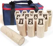 Jac & Mok Kubb Skittle Scatter Smite Numbers Throwing Game with Hardwood Pins Including Carry Bag Outdoor Family Games set