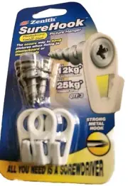 Zenith 12/25kg Zinc Plated Picture Hanger Hook 3Pc Plasterboard or Timber Stud.