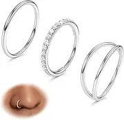 [BodyBonita] Surgical Steel Double Hoop Nose Rings 3pcs 16G/18G/20G Silver Seamless-Hinged-Piercing Gold Plated Nose Rings Hoops Tragus Daith Rook Conch Helix Cartilage Earrings Nostril Piercing Jewelry Septum Clicker Diameter 7mm /8mm /9mm/10mm