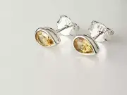 Genuine CITRINE Gems SOLID 925 Sterling SILVER Pear/Tear-drop/Leaf Stud Earrings