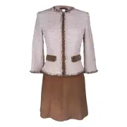 Les Copains Jacket Pink Fantasy Tweed Suede Edging Skirt Set 6 New
