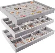 ALINK Velvet Stackable Jewellery Trays for Drawer,Jewelry Display Trays for Show, Drawer Jewelry Organizer Trays for Ring, Stud,Necklace,Bracelet,Set of 3(Grey)