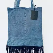 NWT One Teaspoon Denim Mid Blue Vintage Leather Fringe Tote Bag One Size