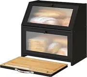Vriccc Extra Large Bread Box with Cutting Board Bamboo Wood Bread Box for Kitchen Counter, Double Layer Large Capacity Bread Storage Bin with Acrylic Wavy Door Panel (Black)