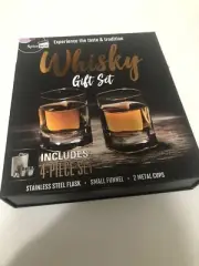 Spicebox Whisky Gift Set-Stainless Flask, Funnel, 2 Metal cups, guide book, NIB