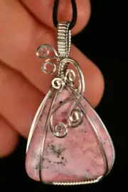 *RHODOCHROSITE* Pendant 5cm 17g +Cord SILVER Wire Wrapped Love & Relationships